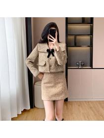 Doll collar long chanelstyle bow short sweet coat 2pcs set