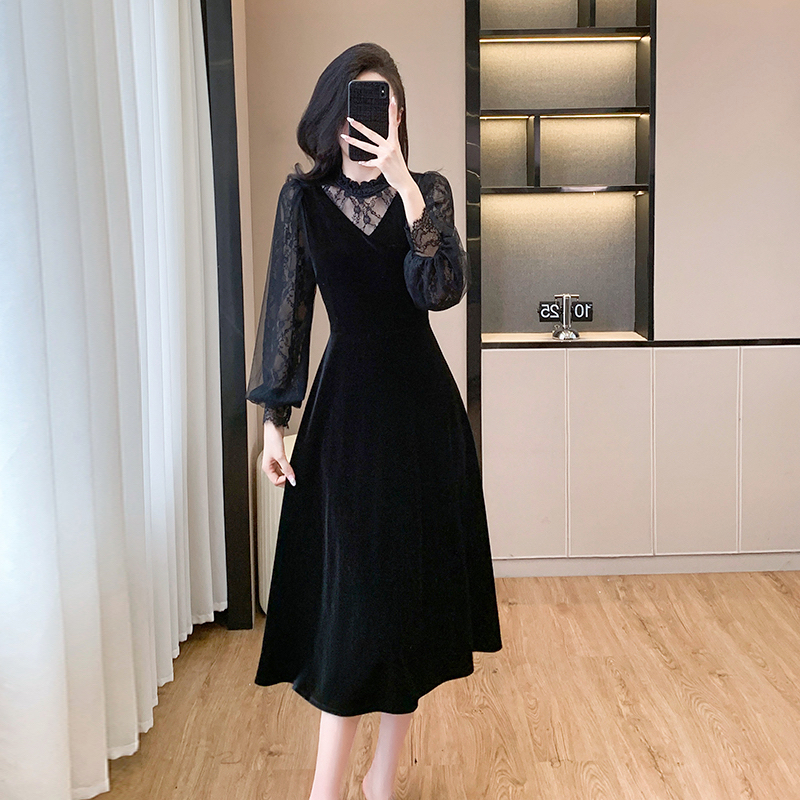 Elegant splice lace temperament gauze dress