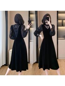 Elegant splice lace temperament gauze dress