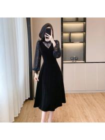 Elegant splice lace temperament gauze dress