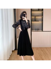 Elegant splice lace temperament gauze dress