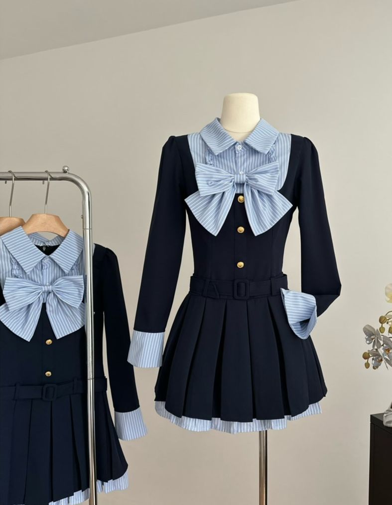 Stripe Matching Show Waist Bowknot Dress