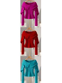 Off Collars Pure Color Knitting Top 