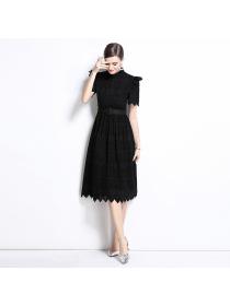 Short sleeve splice elegant pinched waist dress