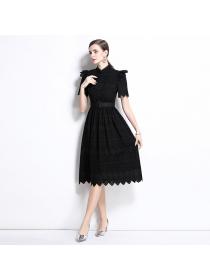 Short sleeve splice elegant pinched waist dress