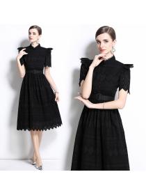 Short sleeve splice elegant pinched waist dress