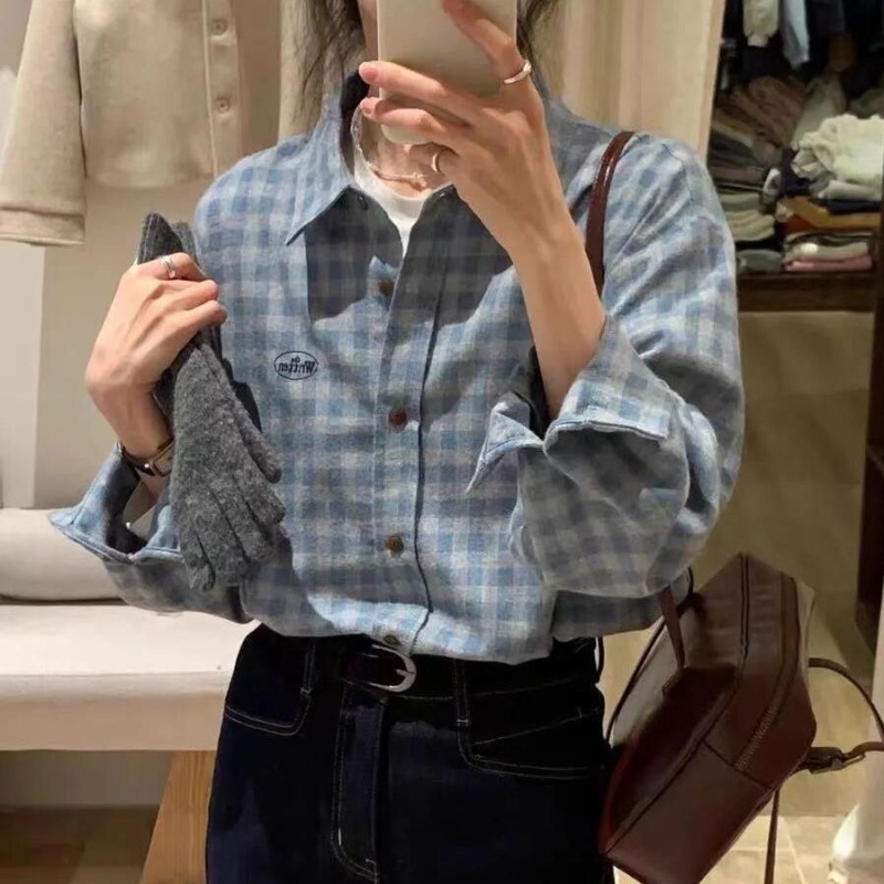 Plaid sueding embroidery Korean style shirt for women