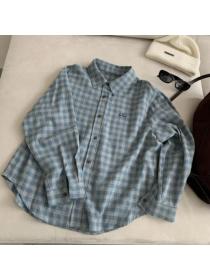 Plaid sueding embroidery Korean style shirt for women