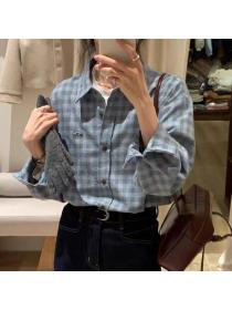 Plaid sueding embroidery Korean style shirt for women