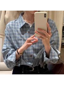 Plaid sueding embroidery Korean style shirt for women