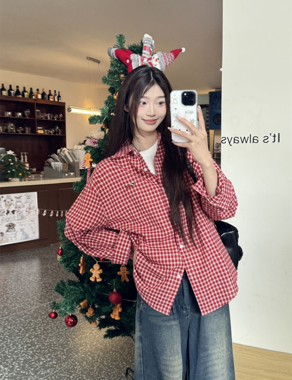 Lapel plaid tops red unique shirt for women