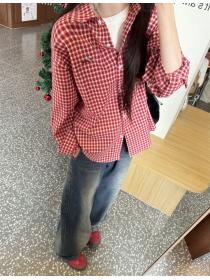 Lapel plaid tops red unique shirt for women