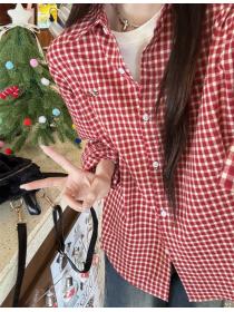 Lapel plaid tops red unique shirt for women