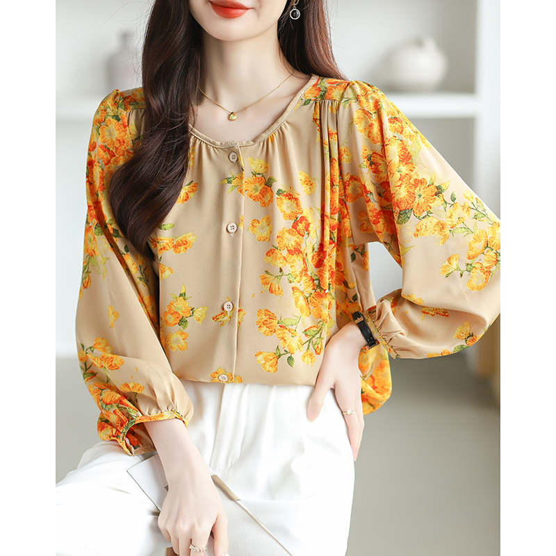 Large yard floral tops loose round neck shirt for women