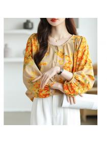 Large yard floral tops loose round neck shirt for women