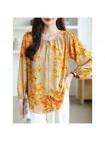 Large yard floral tops loose round neck shirt for women