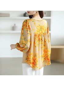 Large yard floral tops loose round neck shirt for women