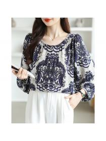 Retro patterns fashion shirt round neck long sleeve tops