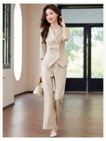 Short coat apricot suit pants 2pcs set for women