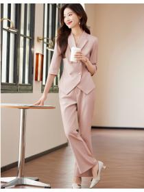 Short coat apricot suit pants 2pcs set for women