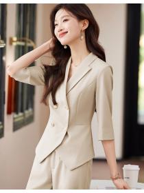 Short coat apricot suit pants 2pcs set for women