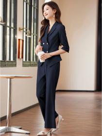 Short coat apricot suit pants 2pcs set for women