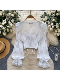 Cross crochet long sleeve lace drawstring navel tops