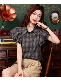 Plaid boats sleeve simple summer tops commuting niche retro shirt