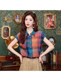 Commuting retro plaid tops all-match unique summer shirt