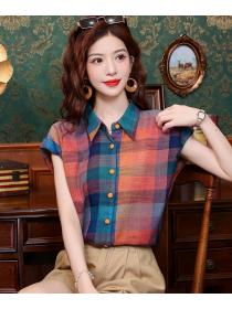 Commuting retro plaid tops all-match unique summer shirt